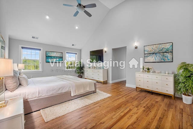 37 Shallow Stream Rd, Carmel, NY 10512 - bedroom with high vaulted ceiling, light wood-style floors, baseboards, and ceiling fan