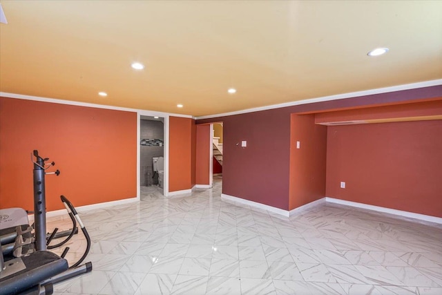 interior space with baseboards, marble finish floor, ornamental molding, and recessed lighting