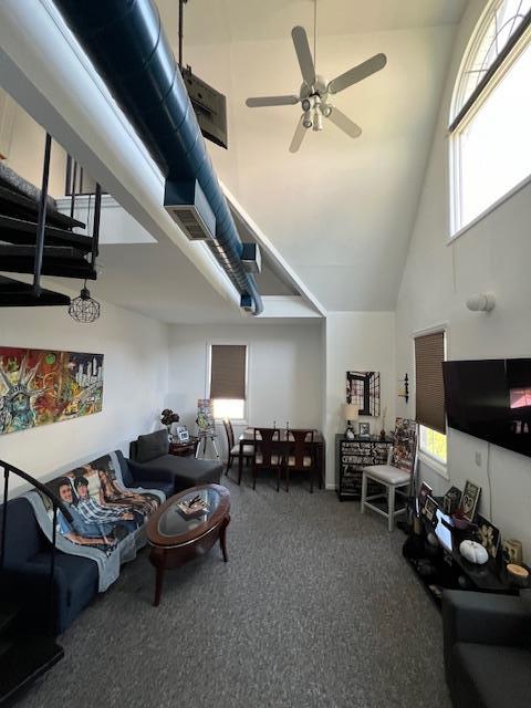 317 Elwood Ave, Hawthorne, NY 10532 - carpeted living area featuring a towering ceiling and a ceiling fan