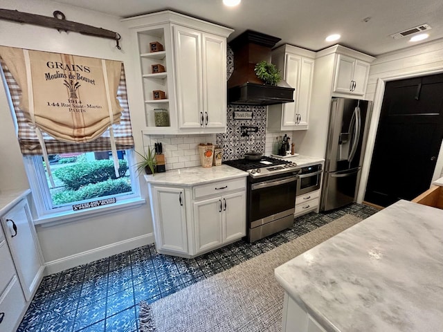 23 Candlestick Ct, Warwick, NY 10990 - kitchen with stainless steel appliances, custom exhaust hood, white cabinets, decorative backsplash, and recessed lighting