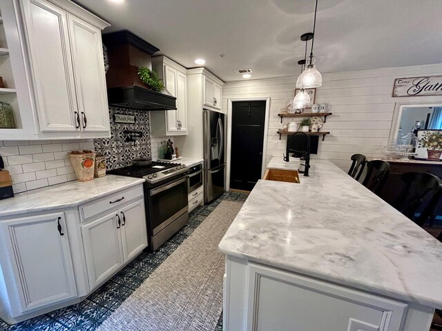 23 Candlestick Ct, Warwick, NY 10990 - kitchen featuring open shelves, appliances with stainless steel finishes, premium range hood, white cabinets, and recessed lighting