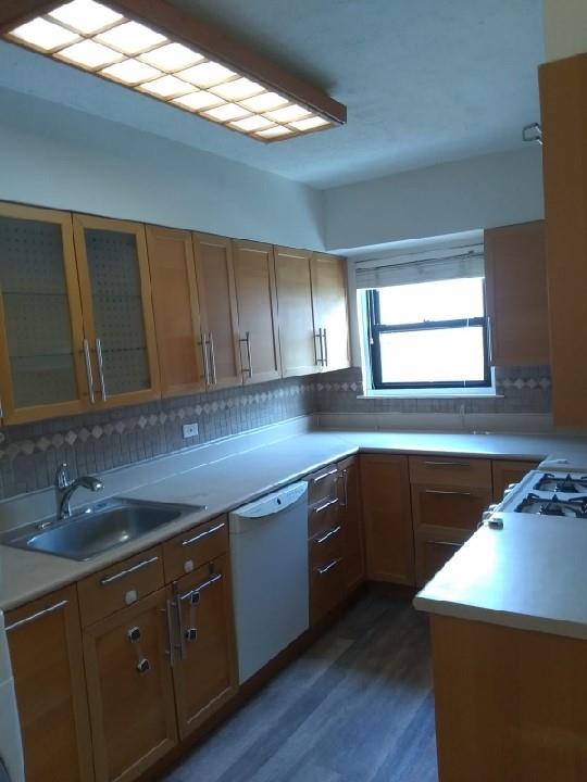 kitchen featuring white dishwasher, a sink, light countertops, and dark wood-type flooring