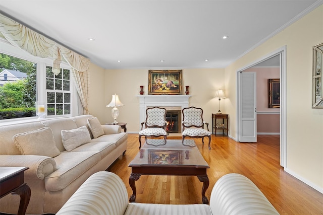 287 Old Army Rd, Scarsdale, NY 10583 - living room with light wood-type flooring, a glass covered fireplace, baseboards, crown molding, and recessed lighting