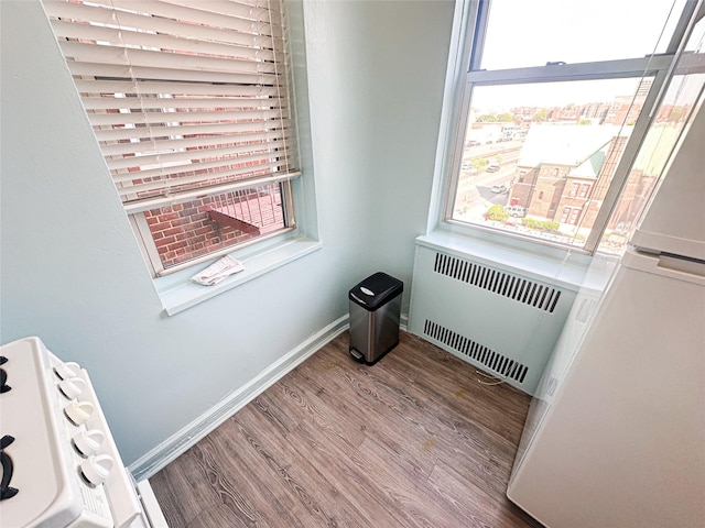 interior space with radiator, white refrigerator, wood finished floors, and baseboards