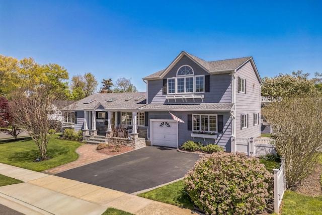 26 Forte Ave, Old Bethpage, NY 11804 - view of front of home featuring fence, driveway, an attached garage, a porch, and a shingled roof