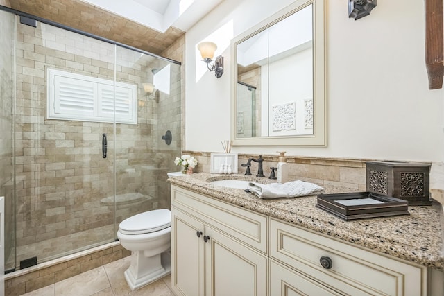 26 Forte Ave, Old Bethpage, NY 11804 - bathroom featuring a shower stall, toilet, vanity, and tile patterned flooring