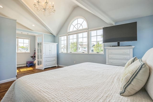 26 Forte Ave, Old Bethpage, NY 11804 - bedroom with a baseboard heating unit, multiple windows, a chandelier, vaulted ceiling, and wood finished floors