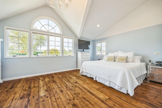 26 Forte Ave, Old Bethpage, NY 11804 - bedroom with vaulted ceiling, a chandelier, wood-type flooring, and baseboards