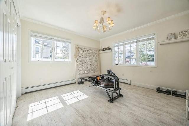 26 Forte Ave, Old Bethpage, NY 11804 - workout room with a chandelier, crown molding, wood finished floors, baseboard heating, and baseboards