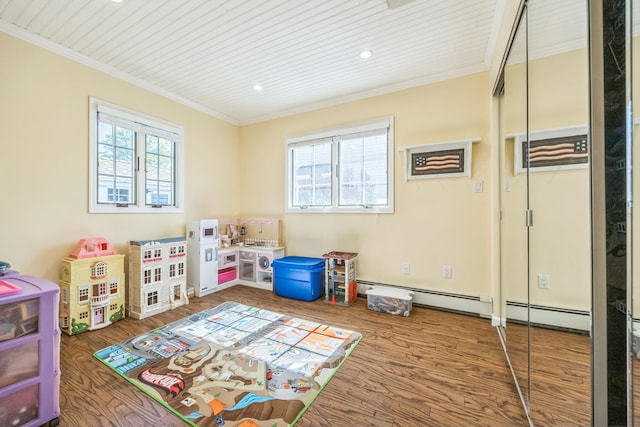 26 Forte Ave, Old Bethpage, NY 11804 - recreation room featuring ornamental molding, wood finished floors, recessed lighting, a baseboard heating unit, and wood ceiling