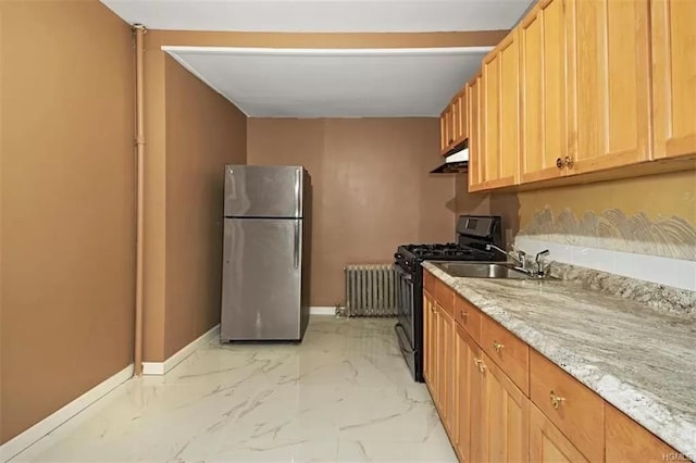 4565 Matilda Ave, Bronx, NY 10470 - kitchen with a sink, radiator heating unit, freestanding refrigerator, gas stove, and baseboards