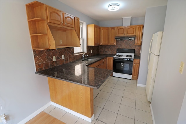 kitchen with a peninsula, a sink, backsplash, under cabinet range hood, and gas stove