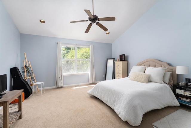 bedroom featuring lofted ceiling, a ceiling fan, recessed lighting, carpet, and baseboards