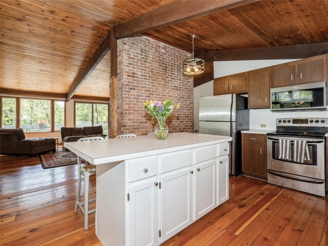 kitchen with appliances with stainless steel finishes, wooden ceiling, light countertops, dark wood finished floors, and white cabinets