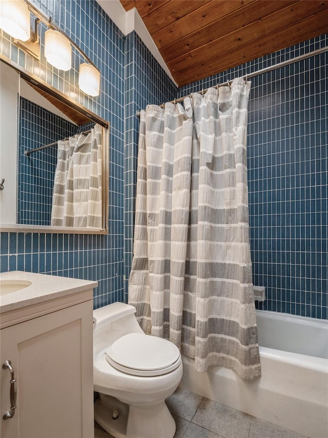 bathroom featuring wooden ceiling, tile walls, tile patterned flooring, shower / bath combo, and toilet