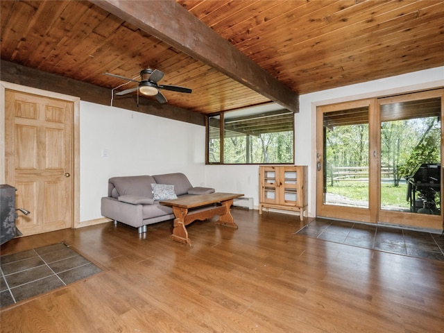 living area featuring beam ceiling, wood finished floors, wooden ceiling, ceiling fan, and baseboard heating