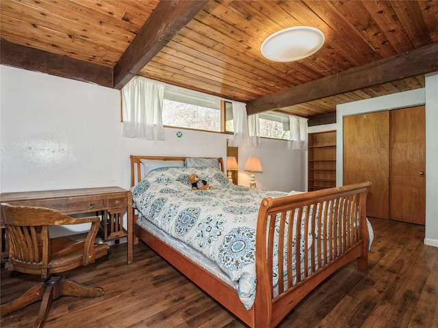 bedroom with beamed ceiling, wood ceiling, and wood finished floors