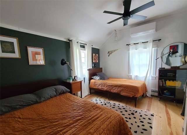 112 E Thompson Pl, Smallwood, NY 12778 - bedroom with an AC wall unit, light wood-type flooring, lofted ceiling, a baseboard radiator, and ceiling fan