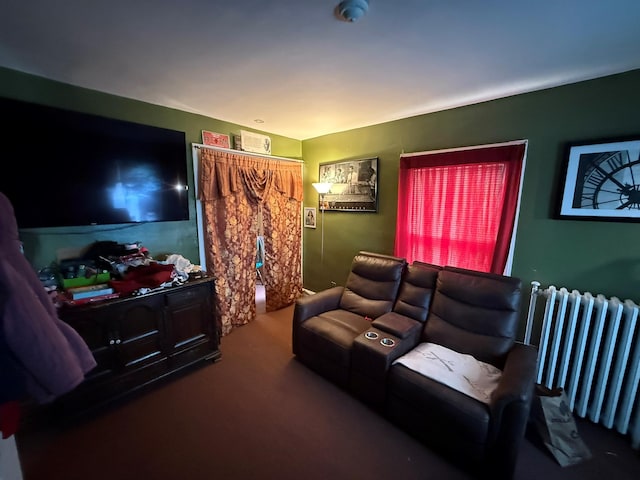 living room with radiator heating unit and carpet flooring