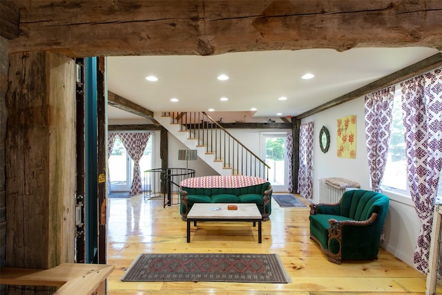 5 Downer Ln, Woodstock, NY 12498 - sitting room featuring stairs, radiator, light wood-type flooring, and recessed lighting