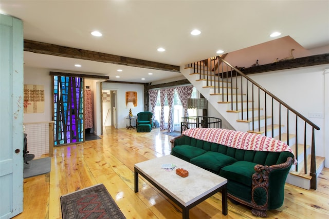 5 Downer Ln, Woodstock, NY 12498 - living room with stairway, hardwood / wood-style flooring, recessed lighting, and beam ceiling