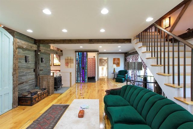5 Downer Ln, Woodstock, NY 12498 - living area featuring stairs, wood-type flooring, and beamed ceiling
