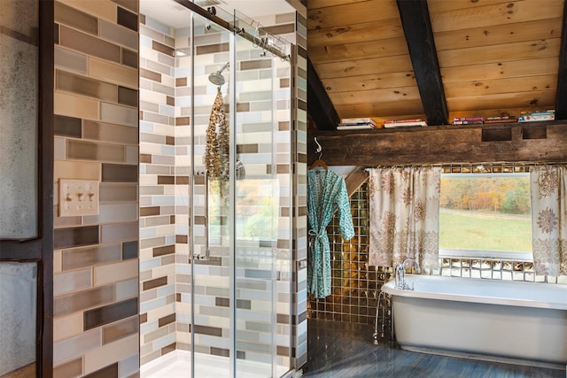 5 Downer Ln, Woodstock, NY 12498 - full bath featuring a shower stall, a soaking tub, beam ceiling, and wood ceiling