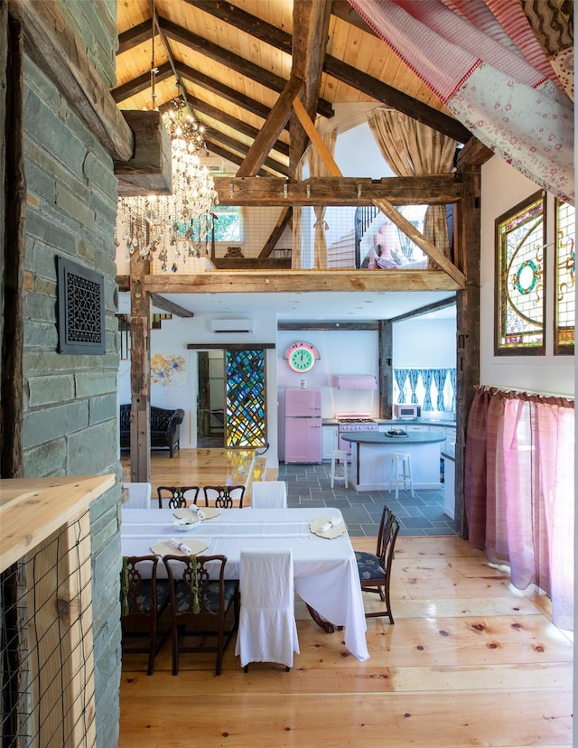 5 Downer Ln, Woodstock, NY 12498 - dining room with wood ceiling, high vaulted ceiling, beam ceiling, hardwood / wood-style floors, and an AC wall unit