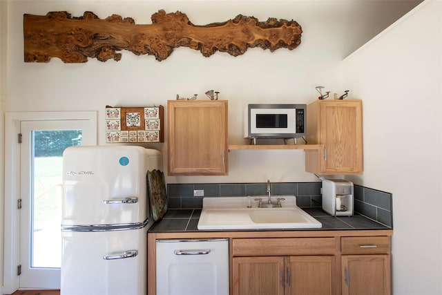 5 Downer Ln, Woodstock, NY 12498 - kitchen with refrigerator, light brown cabinetry, a sink, tile counters, and white microwave