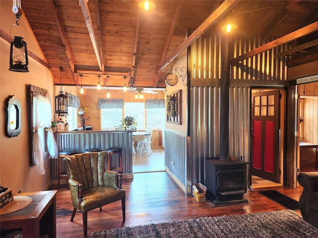 51 E Oak St, Smallwood, NY 12778 - sitting room featuring wooden ceiling, a wood stove, wood finished floors, and wooden walls