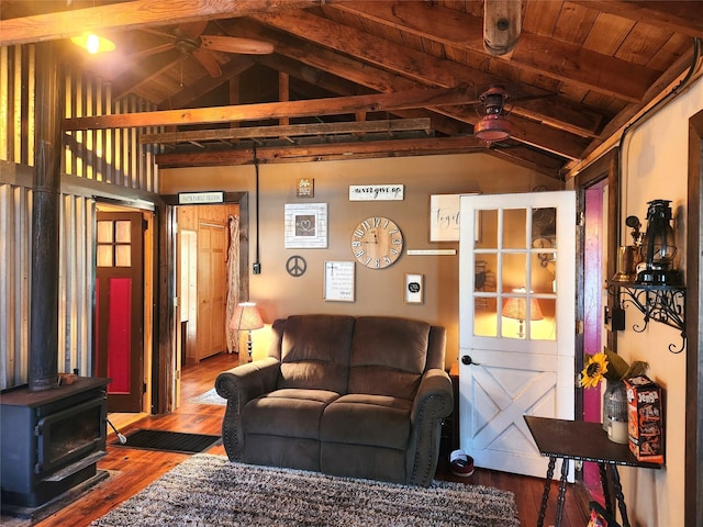 51 E Oak St, Smallwood, NY 12778 - living room with a ceiling fan, wood finished floors, a wood stove, and wood ceiling
