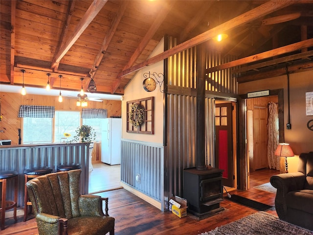 51 E Oak St, Smallwood, NY 12778 - living room featuring beamed ceiling, wood ceiling, wood finished floors, a wood stove, and high vaulted ceiling