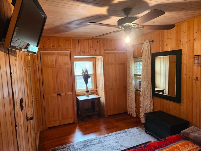 51 E Oak St, Smallwood, NY 12778 - bedroom with wood walls, wood finished floors, wooden ceiling, and ceiling fan