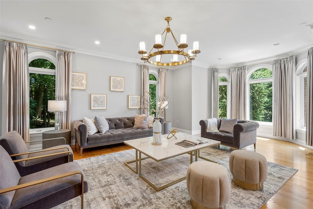 9 Oak Ridge Ct, West Harrison, NY 10604 - living room with a chandelier, wood finished floors, crown molding, and recessed lighting
