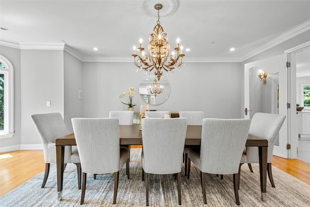 9 Oak Ridge Ct, West Harrison, NY 10604 - dining room featuring a chandelier, light wood-type flooring, recessed lighting, ornamental molding, and baseboards