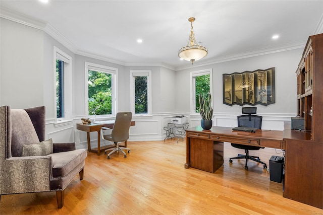 9 Oak Ridge Ct, West Harrison, NY 10604 - office space with light wood-type flooring, ornamental molding, wainscoting, a decorative wall, and recessed lighting