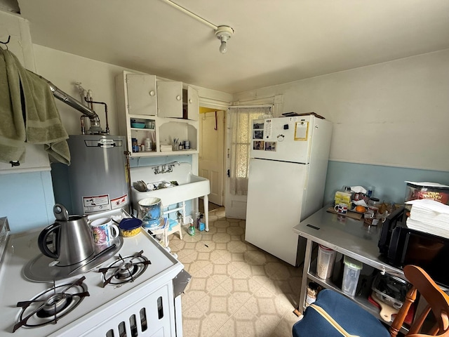 15 Springside Ave, Poughkeepsie, NY 12603 - kitchen with white appliances, gas water heater, open shelves, and light flooring