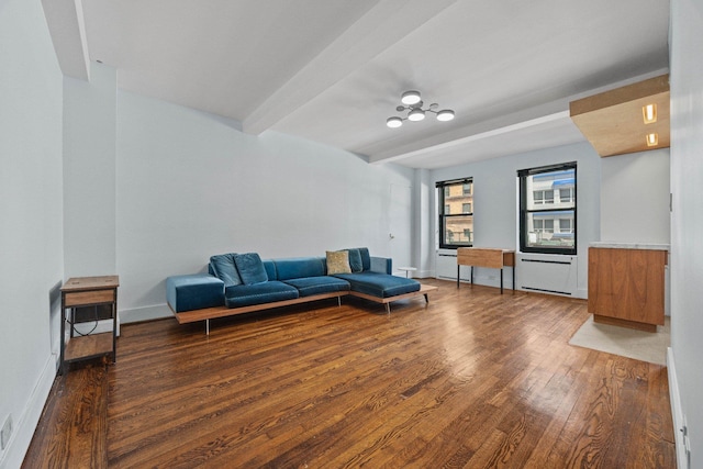 living area with wood finished floors, baseboards, and beamed ceiling