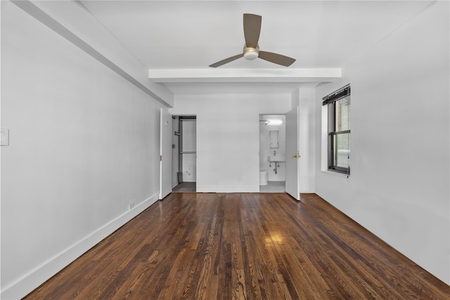 unfurnished living room featuring ceiling fan, beam ceiling, baseboards, and wood finished floors