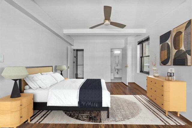 bedroom featuring beamed ceiling, connected bathroom, ceiling fan, and wood finished floors