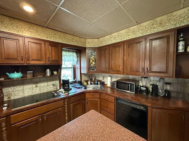 17 Springside Ave, Poughkeepsie, NY 12603 - kitchen featuring black appliances, open shelves, a sink, and decorative backsplash