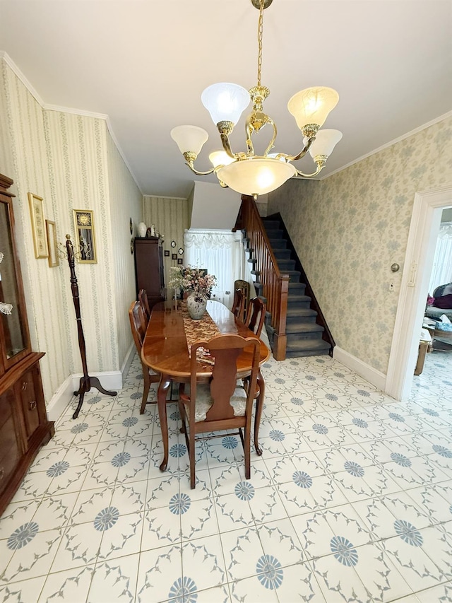 17 Springside Ave, Poughkeepsie, NY 12603 - dining area featuring wallpapered walls, a chandelier, ornamental molding, stairs, and baseboards