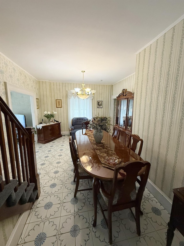17 Springside Ave, Poughkeepsie, NY 12603 - dining room featuring a chandelier, wallpapered walls, crown molding, stairs, and baseboards