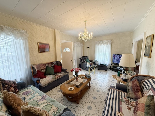 17 Springside Ave, Poughkeepsie, NY 12603 - living area featuring ornamental molding, wallpapered walls, a chandelier, and light flooring