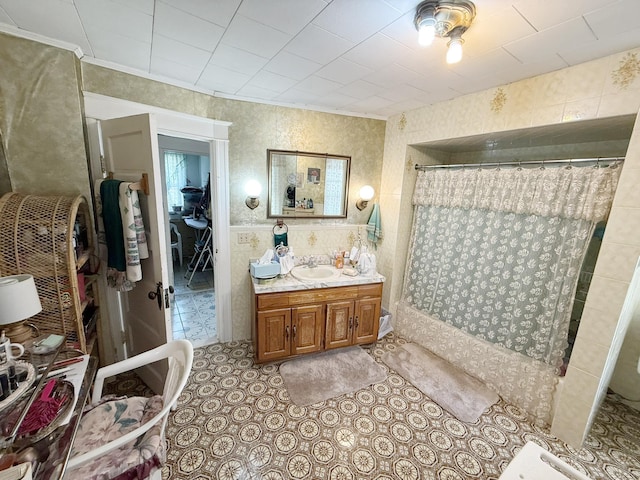17 Springside Ave, Poughkeepsie, NY 12603 - full bathroom featuring a shower with shower curtain, vanity, and tile walls