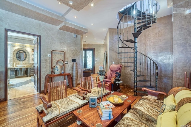 959 S End Rd, Woodmere, NY 11598 - living room featuring stairway, hardwood / wood-style flooring, and recessed lighting