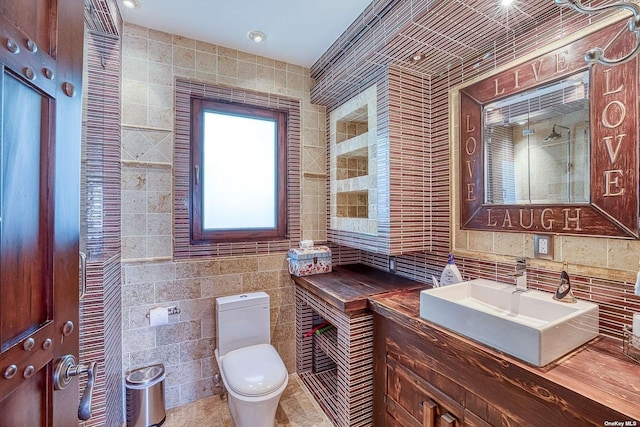 959 S End Rd, Woodmere, NY 11598 - bathroom with tile walls, toilet, decorative backsplash, and vanity