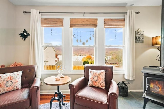 living area featuring a wood stove and baseboards