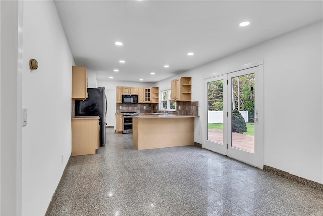 3 Russet Ln, Lake Grove, NY 11755 - kitchen featuring freestanding refrigerator, open shelves, black microwave, range with two ovens, and backsplash