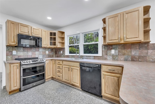 3 Russet Ln, Lake Grove, NY 11755 - kitchen with black appliances, light brown cabinets, open shelves, and a sink